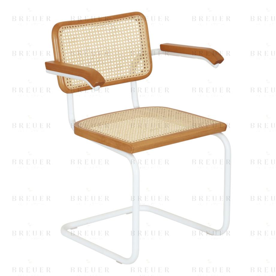 Breuer Breuer Chair Company Cesca Cane Cantilever Armchair Arm Chair W/ White Frame (Various Wood Finishes & Cane Colors; Made In Italy)