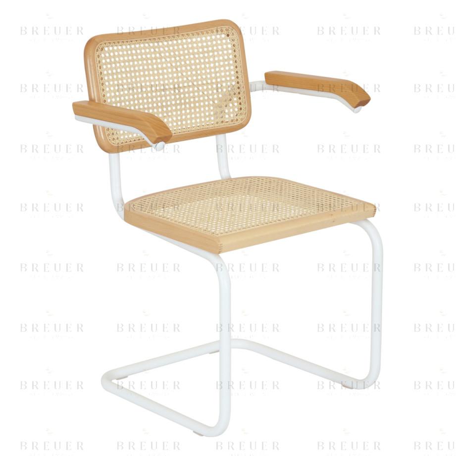 Breuer Breuer Chair Company Cesca Cane Cantilever Armchair Arm Chair W/ White Frame (Various Wood Finishes & Cane Colors; Made In Italy)