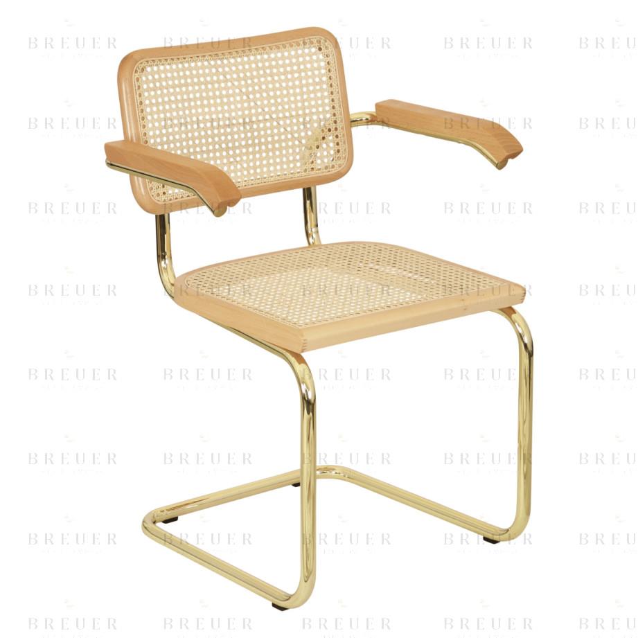 Breuer Breuer Chair Company Cesca Cane Cantilever Armchair Arm Chair W/ Brass Frame (Various Wood Finishes & Cane Colors; Made In Italy)