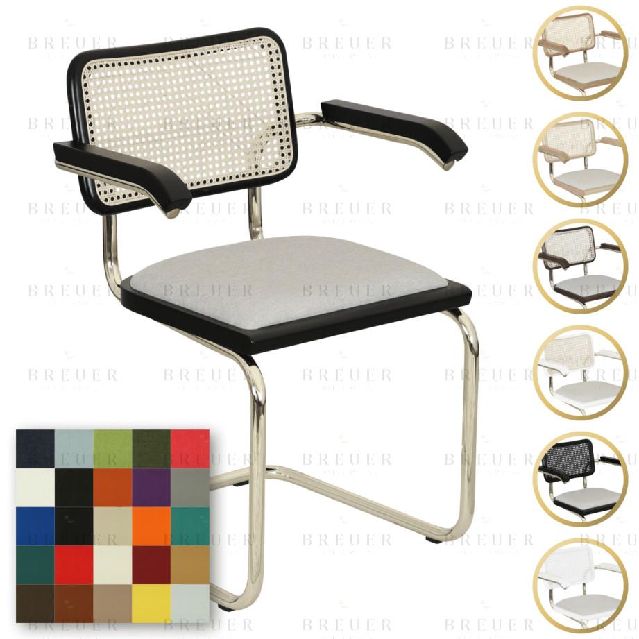 Breuer Breuer Chair Company Cesca Cushion Seat & Cane Back Cantilever Armchair Arm Chair W/ Brass Frame (Various Wood Finishes Cane Colors & Upholstery Covers; Made In Italy)