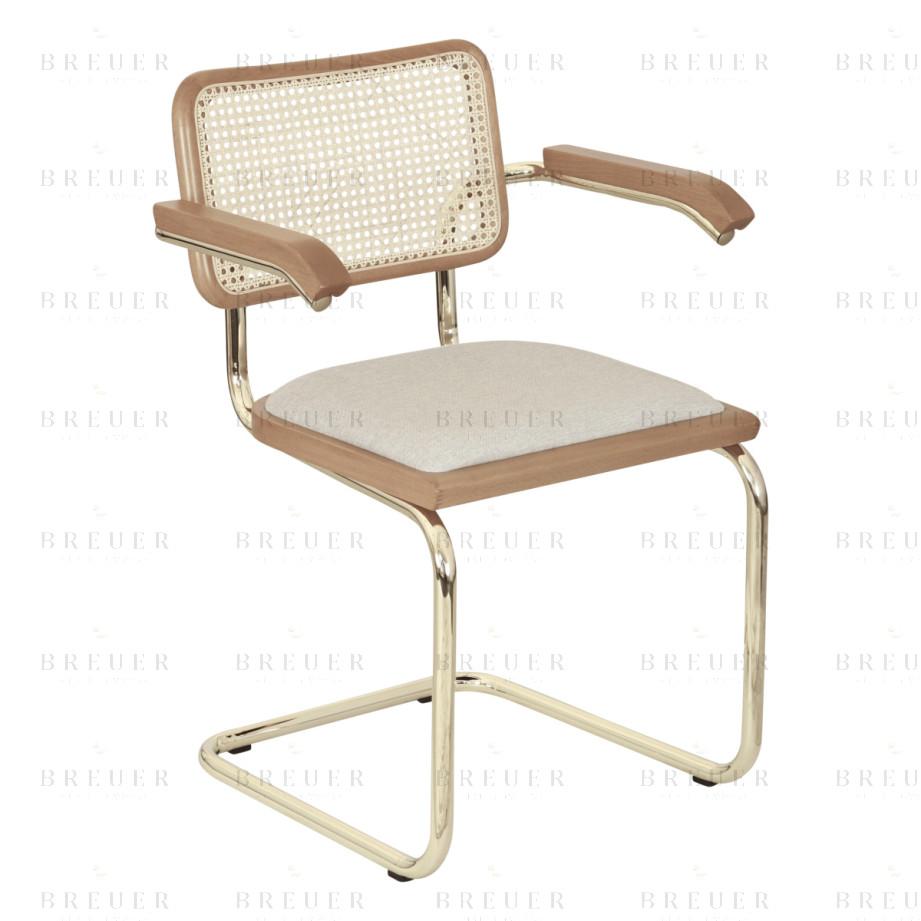 Breuer Breuer Chair Company Cesca Cushion Seat & Cane Back Cantilever Armchair Arm Chair W/ Brass Frame (Various Wood Finishes Cane Colors & Upholstery Covers; Made In Italy)