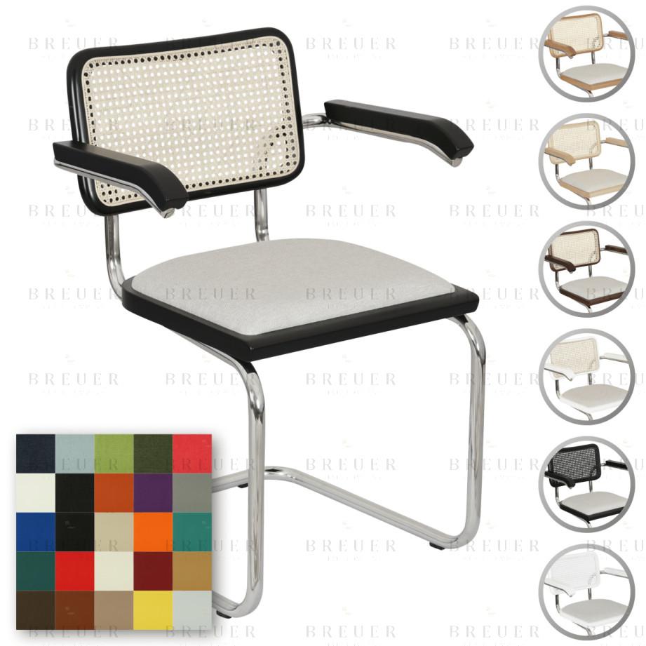 Breuer Breuer Chair Company Cesca Cushion Seat & Cane Back Cantilever Armchair Arm Chair W/ Chrome Frame (Various Wood Finishes Cane Colors & Upholstery Covers; Made In Italy)