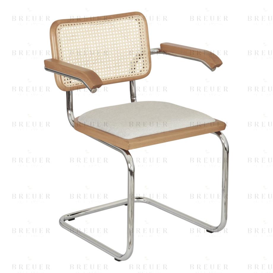 Breuer Breuer Chair Company Cesca Cushion Seat & Cane Back Cantilever Armchair Arm Chair W/ Chrome Frame (Various Wood Finishes Cane Colors & Upholstery Covers; Made In Italy)