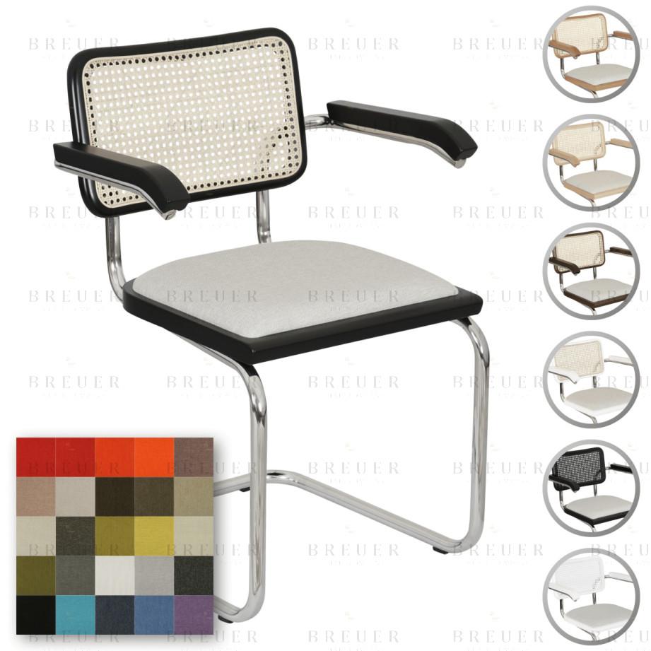 breuer Breuer Chair Company Cesca Cushion Seat & Cane Back Cantilever Armchair Arm Chair w/ Chrome Frame (Various Wood Finishes Cane Colors & Upholstery Covers; Made in Italy)