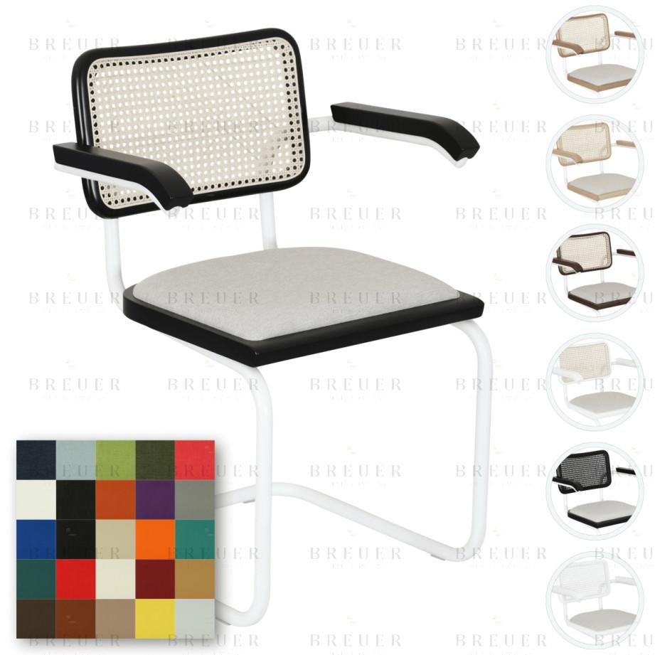 Breuer Breuer Chair Company Cesca Cushion Seat & Cane Back Cantilever Armchair Armchair W/ White Frame (Various Wood Finishes Cane Colors & Upholstery Covers; Made In Italy)