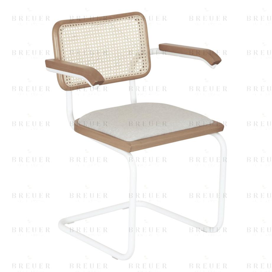 Breuer Breuer Chair Company Cesca Cushion Seat & Cane Back Cantilever Armchair Armchair W/ White Frame (Various Wood Finishes Cane Colors & Upholstery Covers; Made In Italy)