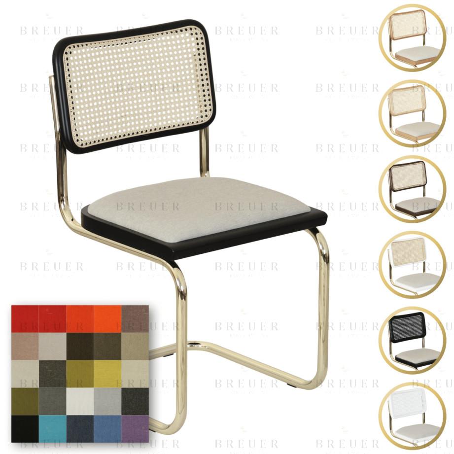 breuer Breuer Chair Company Cesca Cushion Seat & Cane Back Cantilever Side Chair w/ Brass Frame (Various Wood Finishes Cane Colors & Upholstery Covers; Made in Italy)