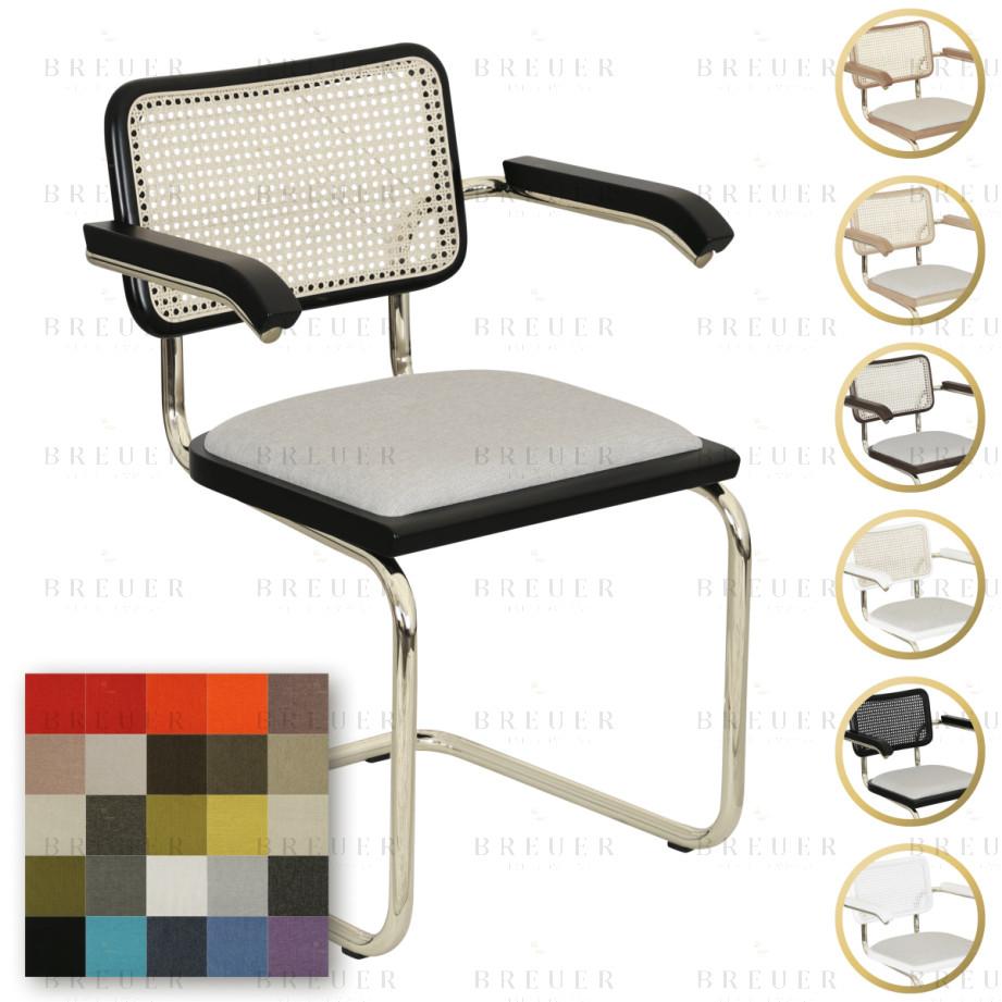 breuer Breuer Chair Company Cesca Cushion Seat & Cane Back Cantilever Armchair Arm Chair w/ Brass Frame (Various Wood Finishes Cane Colors & Upholstery Covers; Made in Italy)
