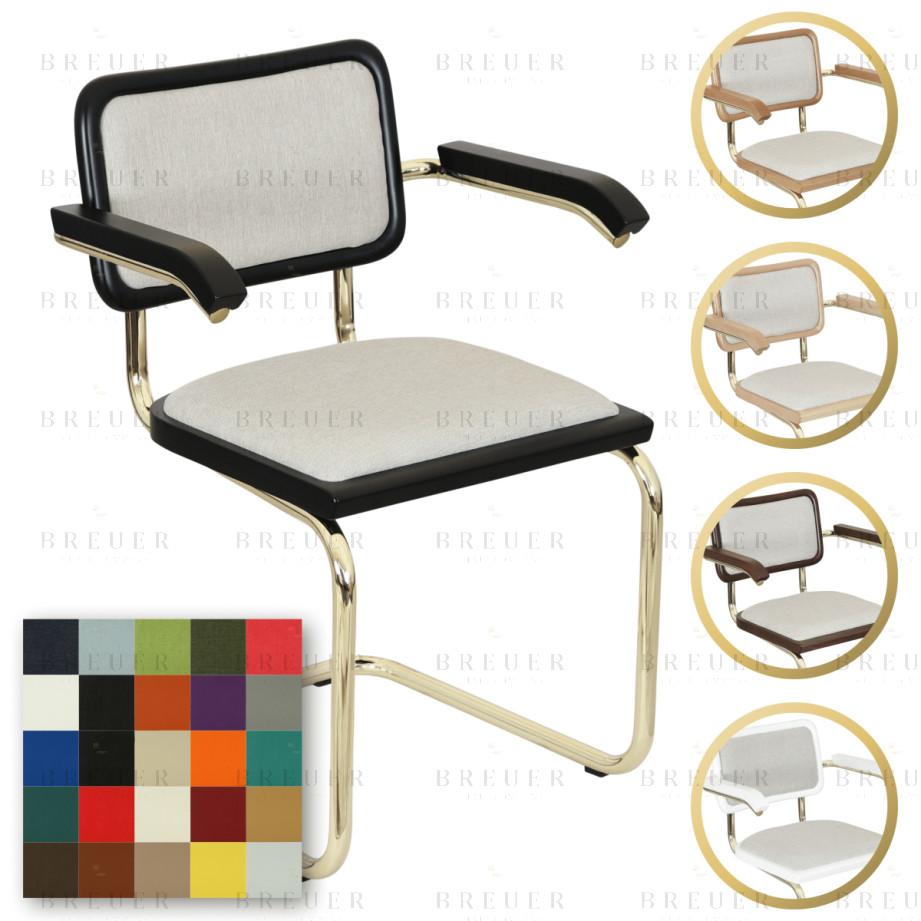 Breuer Breuer Chair Company Cesca Cushion Seat & Cushion Back Cantilever Armchair Arm Chair W/ Brass Frame (Various Wood Finishes & Upholstery Covers; Made In Italy)