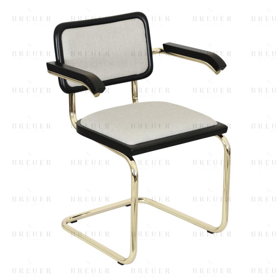 Breuer Breuer Chair Company Cesca Cushion Seat & Cushion Back Cantilever Armchair Arm Chair W/ Brass Frame (Various Wood Finishes & Upholstery Covers; Made In Italy)
