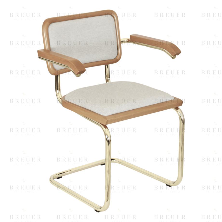 Breuer Breuer Chair Company Cesca Cushion Seat & Cushion Back Cantilever Armchair Arm Chair W/ Brass Frame (Various Wood Finishes & Upholstery Covers; Made In Italy)