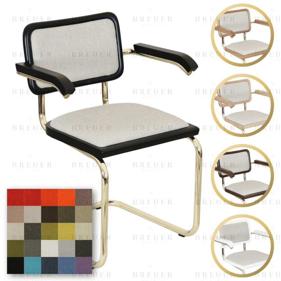 breuer Breuer Chair Company Cesca Cushion Seat & Cushion Back Cantilever Armchair Arm Chair w/ Brass Frame (Various Wood Finishes & Upholstery Covers; Made in Italy)