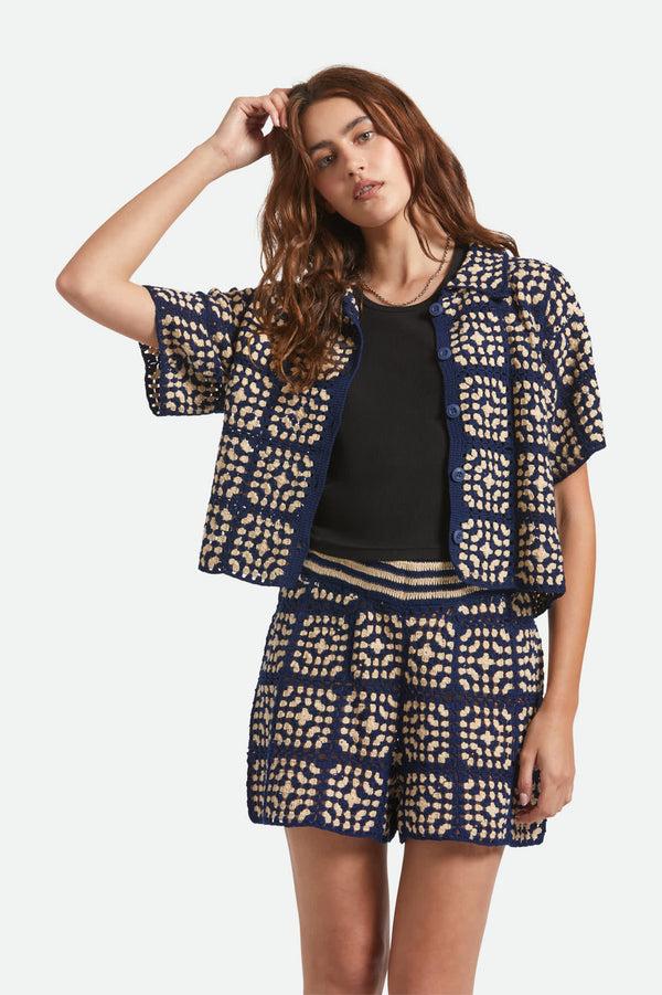 brixton Crochet Button Down Mood Indigo/Off White