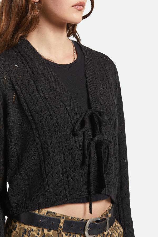 Brixton Cropped Pointelle Tie Cardigan Black