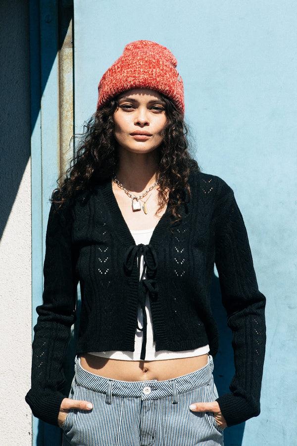 Brixton Cropped Pointelle Tie Cardigan Black