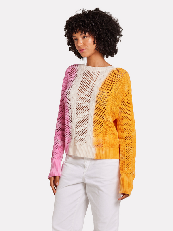 Brodie Colour Dip Cable Crew PINK & ORANGE DIP DYE