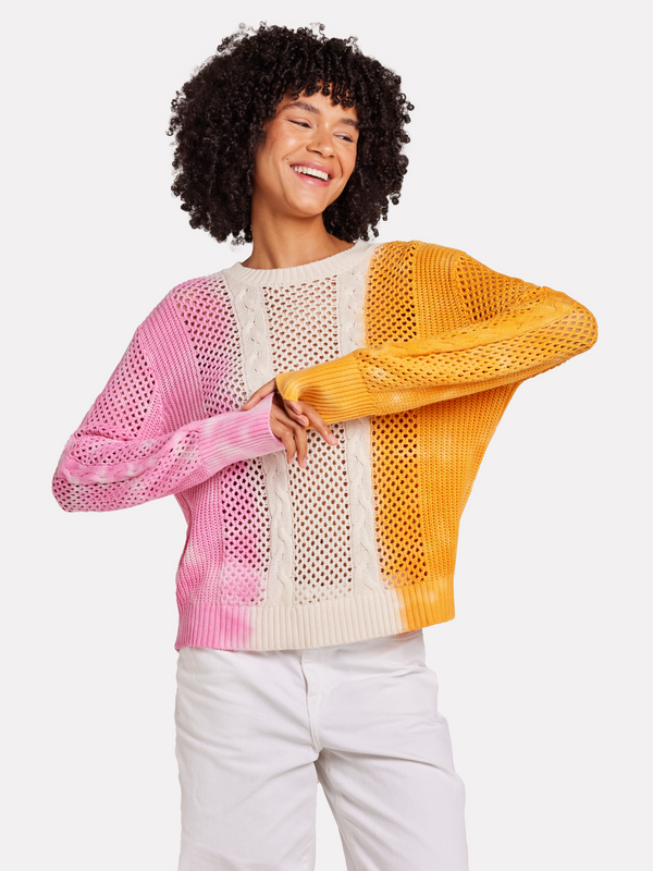 brodie Colour Dip Cable Crew PINK & ORANGE DIP DYE