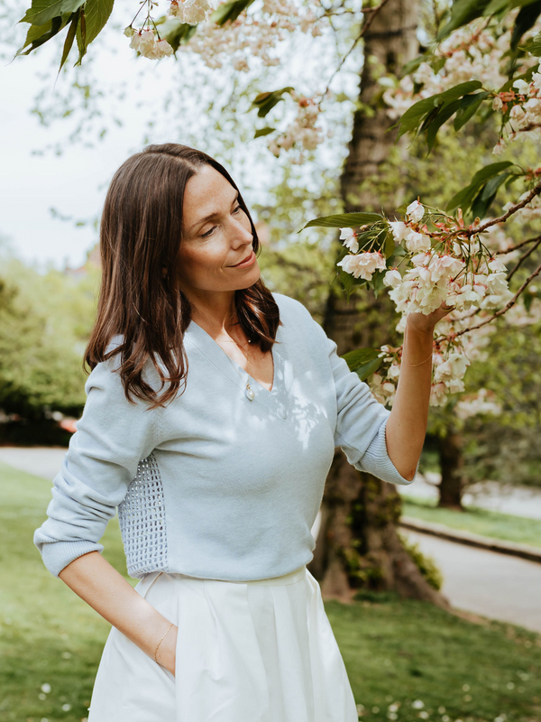 Brodie Flower Pointelle Back V Neck Jumper COAL