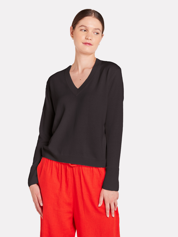 brodie Flower Pointelle Back V Neck Jumper COAL