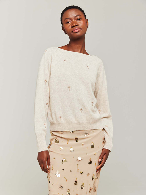 brodie Palm Embroidered Cashmere Boat Neck
