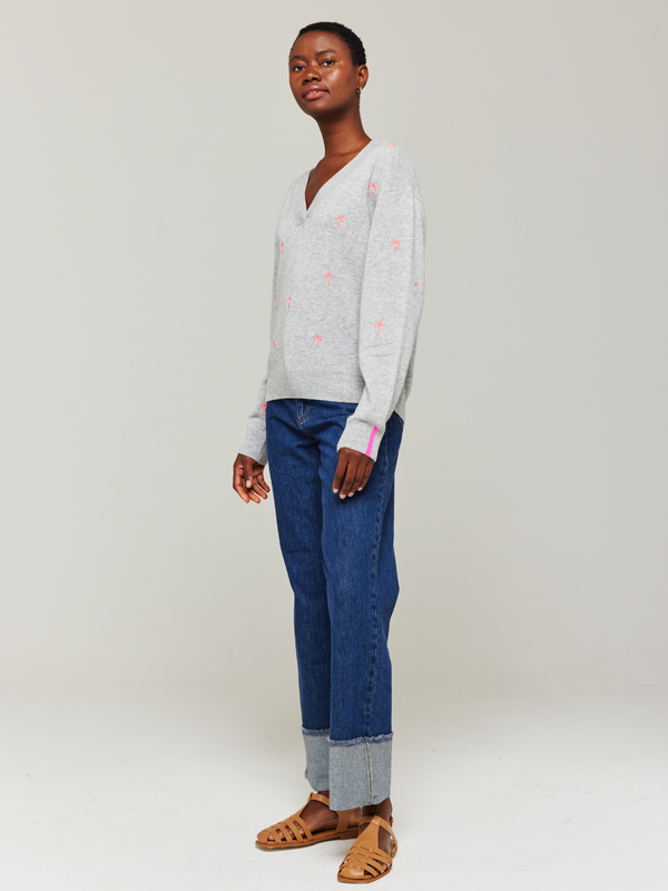 Brodie Palm Embroidered Cashmere V-Neck
