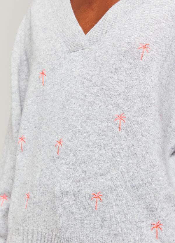 Brodie Palm Embroidered Cashmere V-Neck