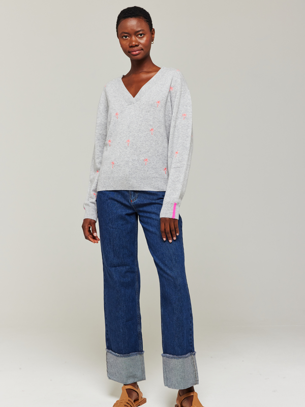brodie Palm Embroidered Cashmere V-Neck