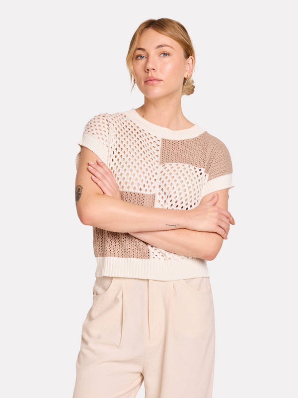 Brodie Patched Pointelle Tee BROWN PATCHWORK