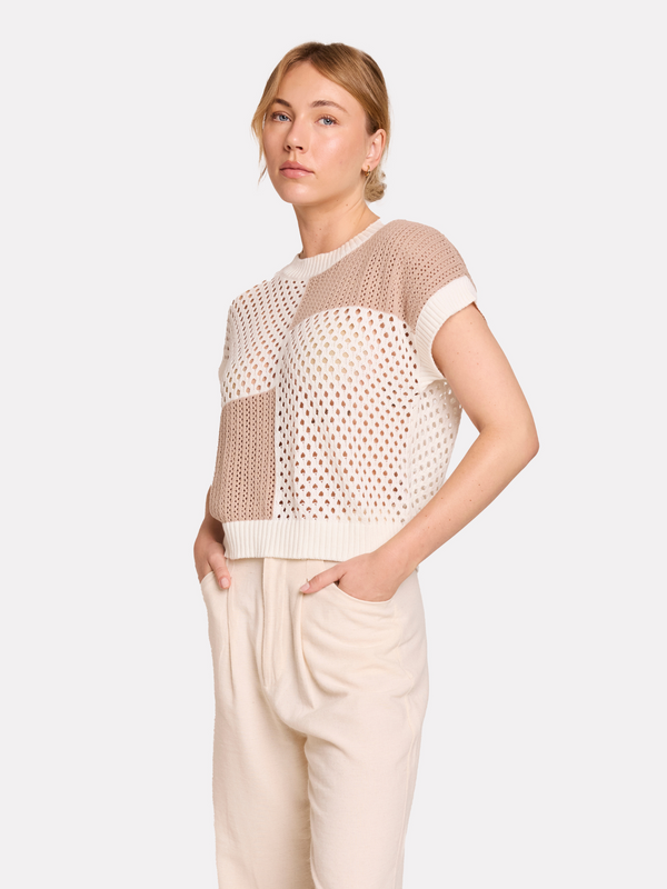 brodie Patched Pointelle Tee BROWN PATCHWORK
