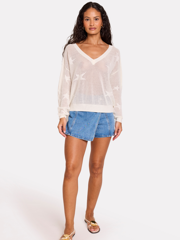 Brodie Pointelle Star V Neck Jumper WHITE