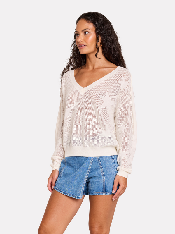 Brodie Pointelle Star V Neck Jumper WHITE