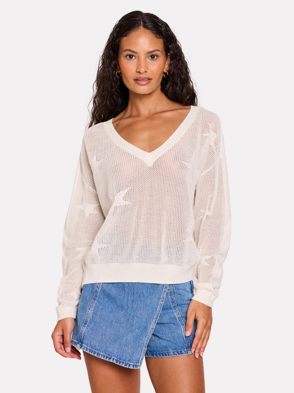 brodie Pointelle Star V Neck Jumper WHITE