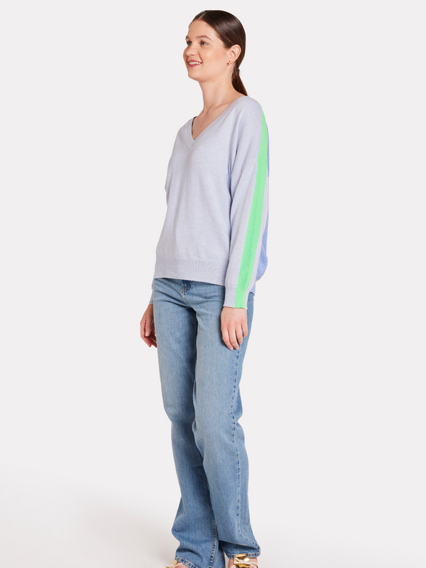 Brodie Summer Stripe Up V Neck Jumper FROST BLUE