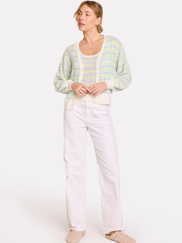 Brodie Rainbow Stripe Pointelle Cardigan BLUE GREEN STRIPES