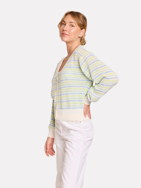 Brodie Rainbow Stripe Pointelle Cardigan BLUE GREEN STRIPES