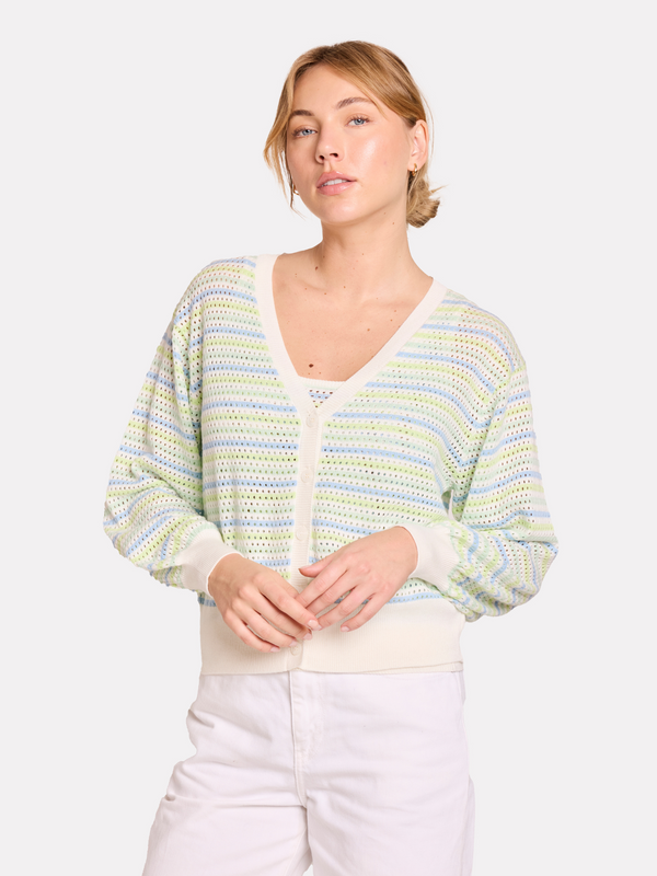 brodie Rainbow Stripe Pointelle Cardigan BLUE GREEN STRIPES