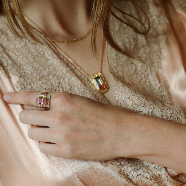 Brooke Gregson Engraved Bi Color Tourmaline Diamond Bar Necklace