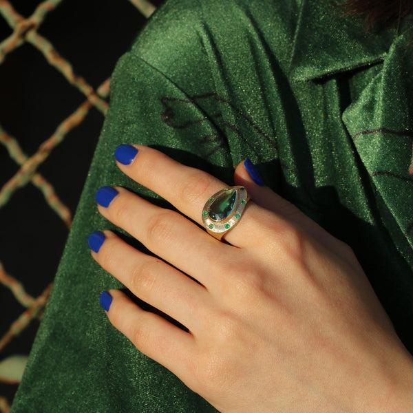 Brooke Gregson Indicolite Tourmaline Talisman Engraved Ring