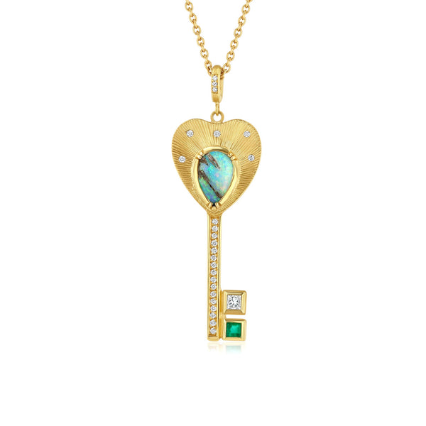 brooke gregson Opal Emerald Diamond Key Heart Necklace