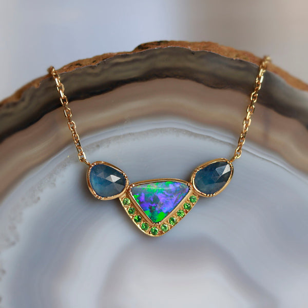 Brooke Gregson Orbit 3 Halo Boulder Opal Sapphire Tsavorite Necklace