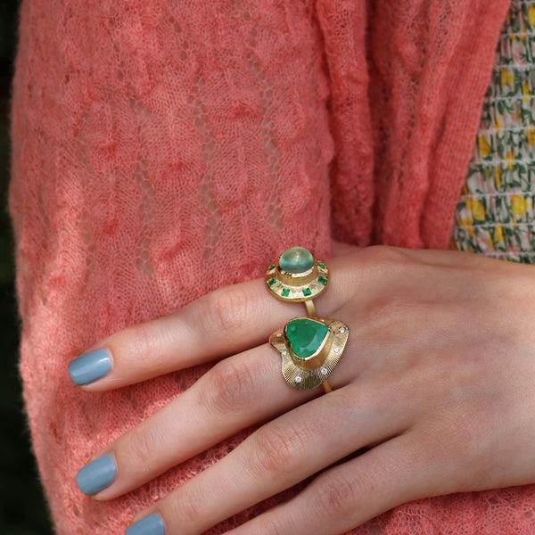 Brooke Gregson Prehnite Emerald Sun Dial Engraved Ring