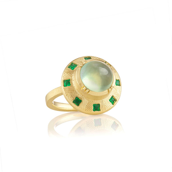 brooke gregson Prehnite Emerald Sun Dial Engraved Ring