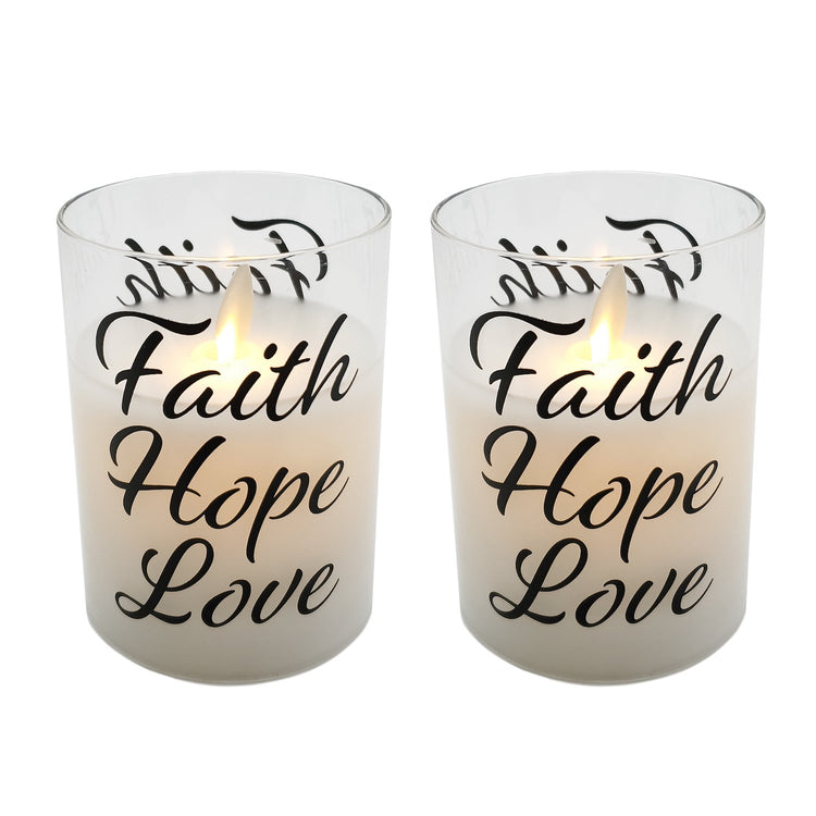 Brookstone Battery Operated Glass LED Candles With Moving Flame Faith Hope Love