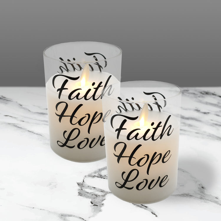 Brookstone Battery Operated Glass LED Candles With Moving Flame Faith Hope Love
