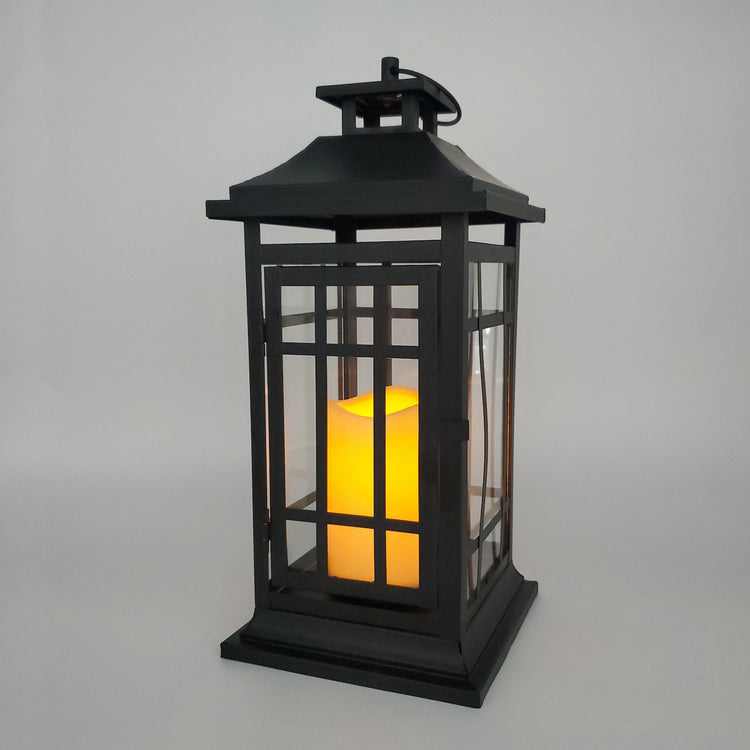 Brookstone Battery Operated Metal Lantern With LED Candle - Black Window