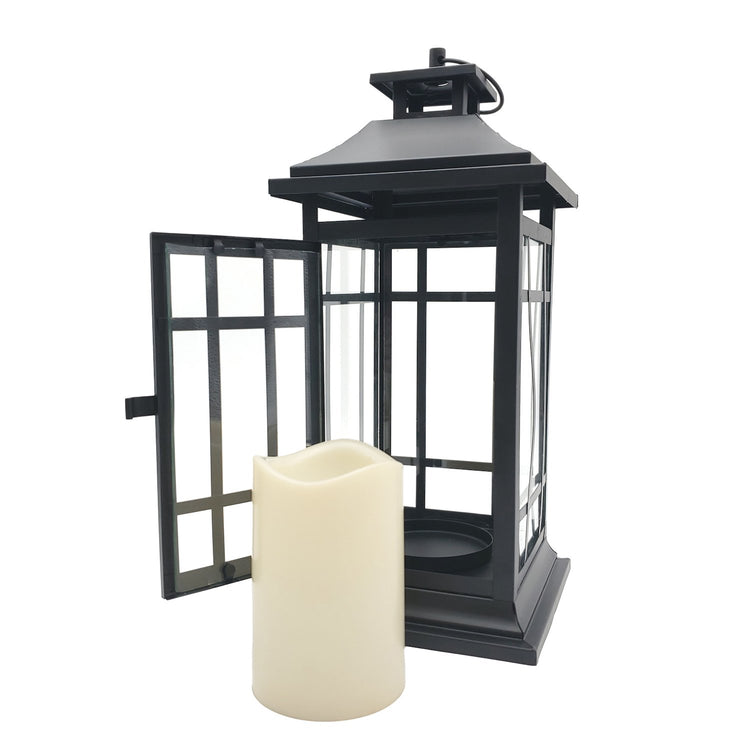 Brookstone Battery Operated Metal Lantern With LED Candle - Black Window