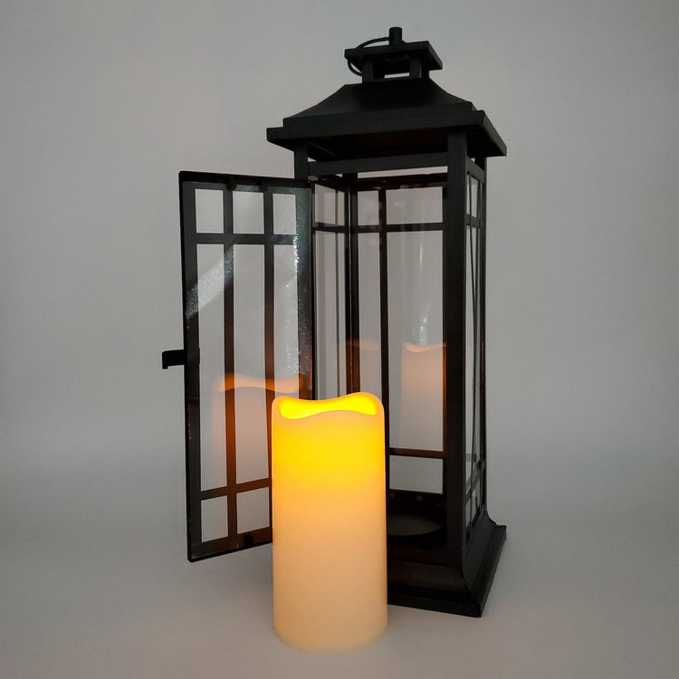 brookstone Battery Operated Metal Lantern with LED Candle - Black Window