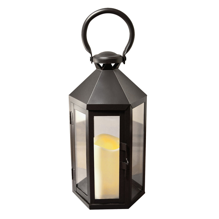 Brookstone Black Hexagon Metal Lantern With LED Candle