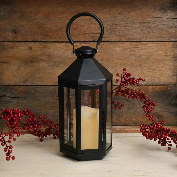 Brookstone Black Hexagon Metal Lantern With LED Candle