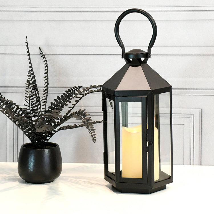 Brookstone Black Hexagon Metal Lantern With LED Candle